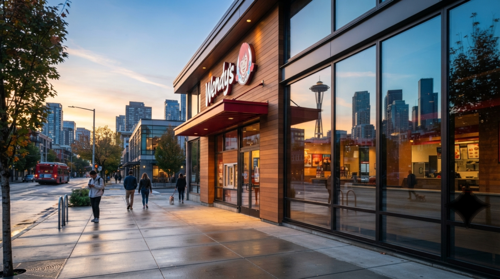 Wendy's restaurant storefront in Downtown Seattle with the Space Needle visible in the background