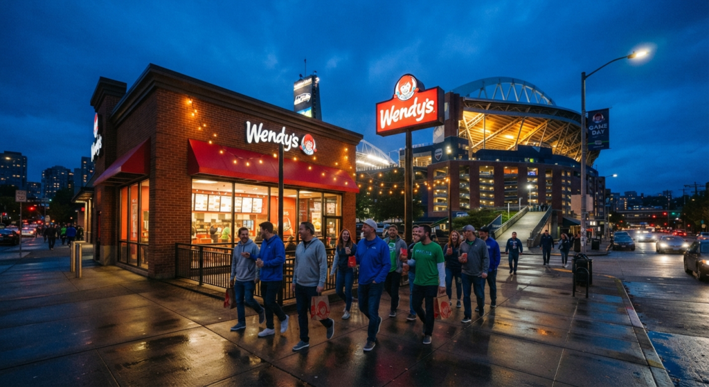 Crowd of fans walking past a Wendy's restaurant near a Seattle stadium on game night