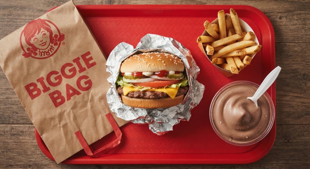 Wendy's Dave's Single burger, fries, Frosty, and Biggie Bag combo on a red tray