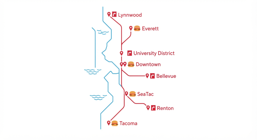 Illustrated map showing Wendy's location pins across Seattle, Bellevue, Renton, SeaTac, Lynnwood, Everett, and Tacoma