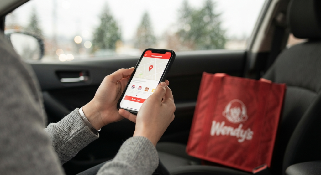 Person using a mobile app to order Wendy's delivery with a delivery bag in a car
