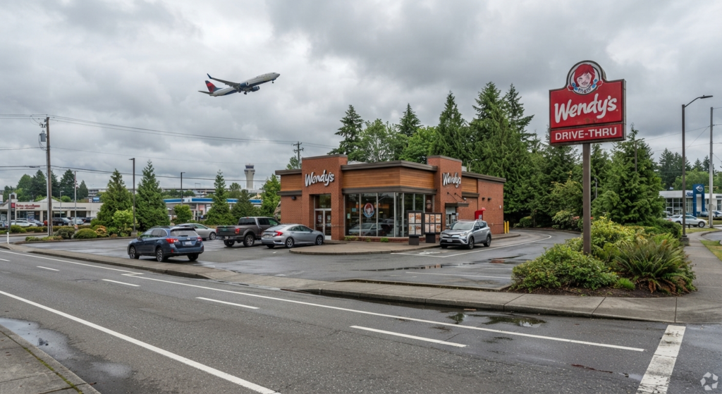 Wendy's restaurant near Seattle-Tacoma International Airport with a plane visible overhead