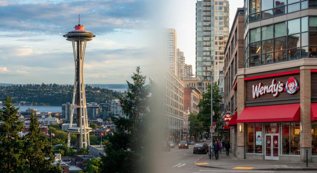 Split image showing the Space Needle and a nearby Wendy's restaurant in Seattle