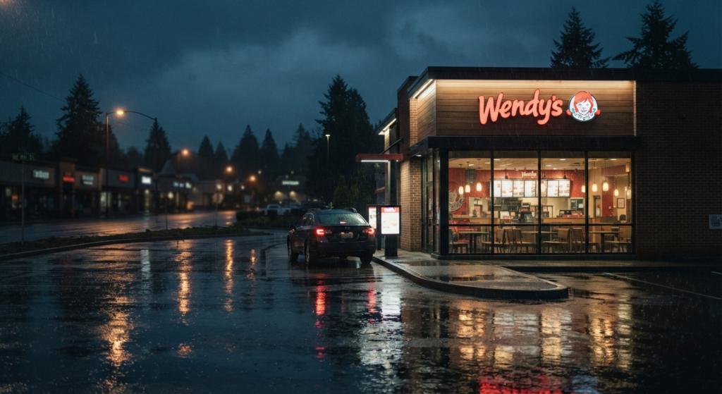 Illuminated Wendy's drive-thru lane at night in a Seattle-area suburb