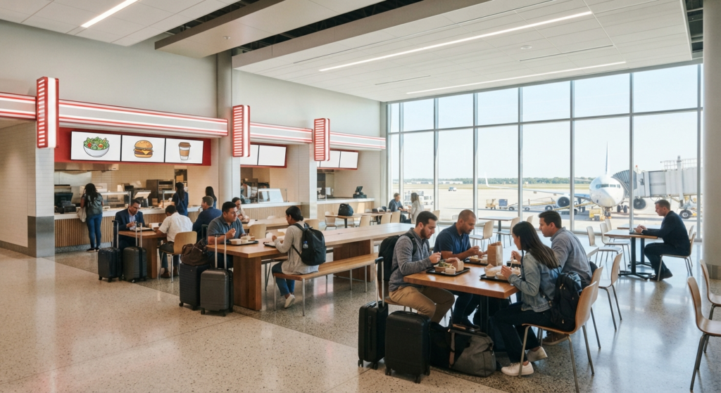 Airport terminal food court with seating and fast food counters