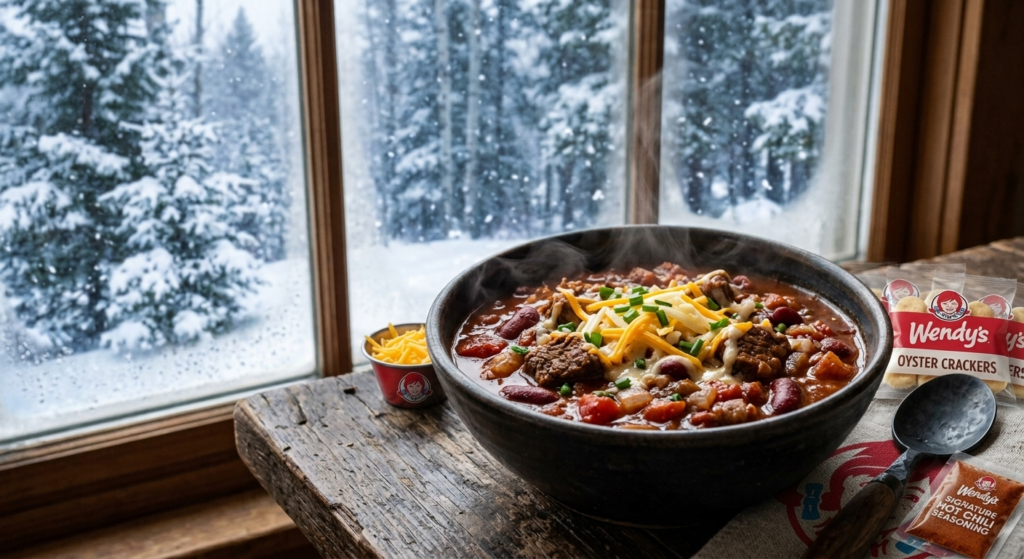 Warm bowl of chili by a snowy window during a Spokane winter