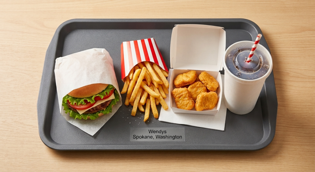 Value combo meal with burger, fries, nuggets, and drink representing Wendy's Spokane menu pricing