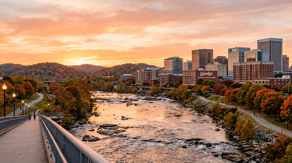 Downtown Spokane, Washington skyline along the river at sunset