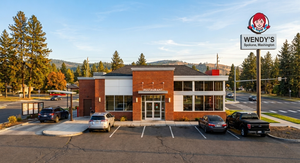 Wendy's fast food restaurant location in Spokane, Washington with drive-thru
