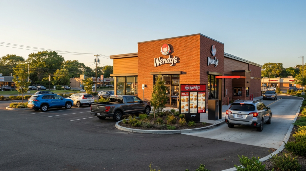 Wendy's drive-thru lane and parking lot on Staten Island with a car ordering at the illuminated Wendy's logo menu board