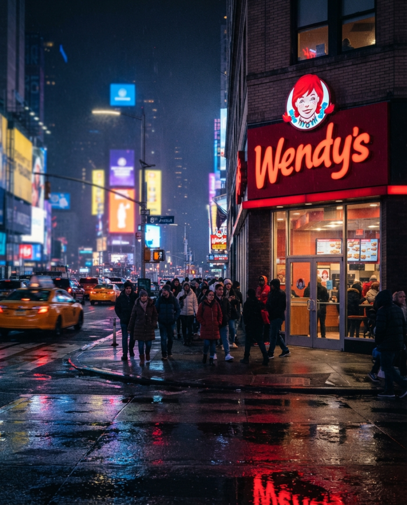 Wendy's restaurant entrance near Times Square on 8th Avenue in Manhattan with illuminated Wendy's logo sign and busy sidewalk
