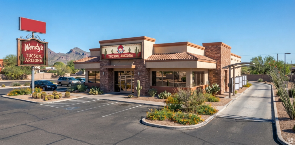 Wendy's fast food restaurant exterior with drive-thru in Tucson, Arizona, desert landscaping and palm trees