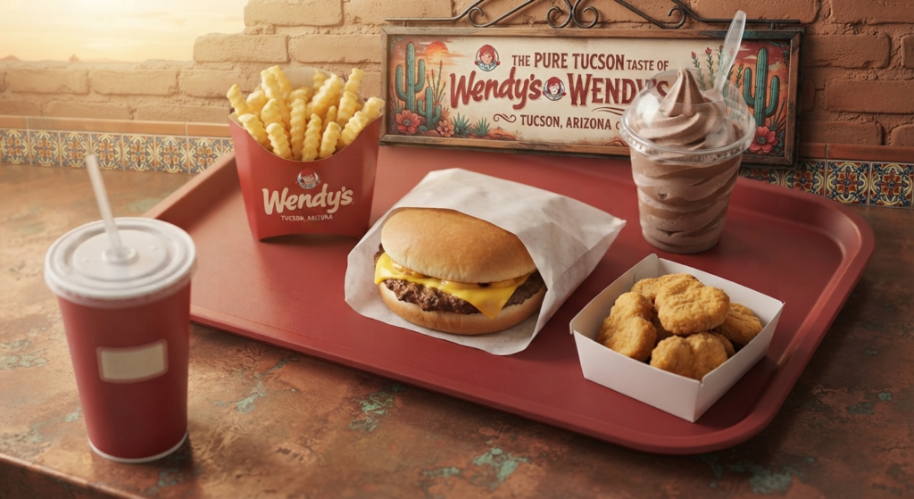 Wendy's Biggie Bag combo meal with burger, fries, nuggets, and a chocolate Frosty on a red tray
