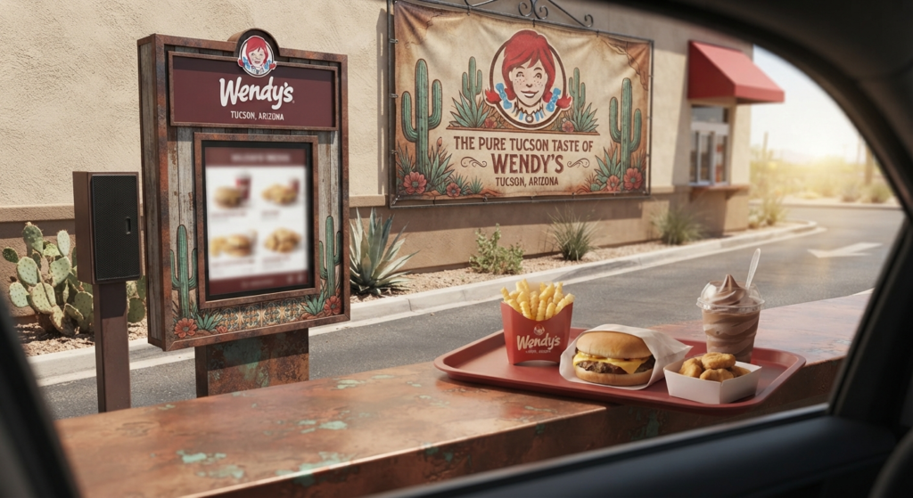 Car in the drive-thru lane of a Wendy's restaurant in Tucson during hot desert weather