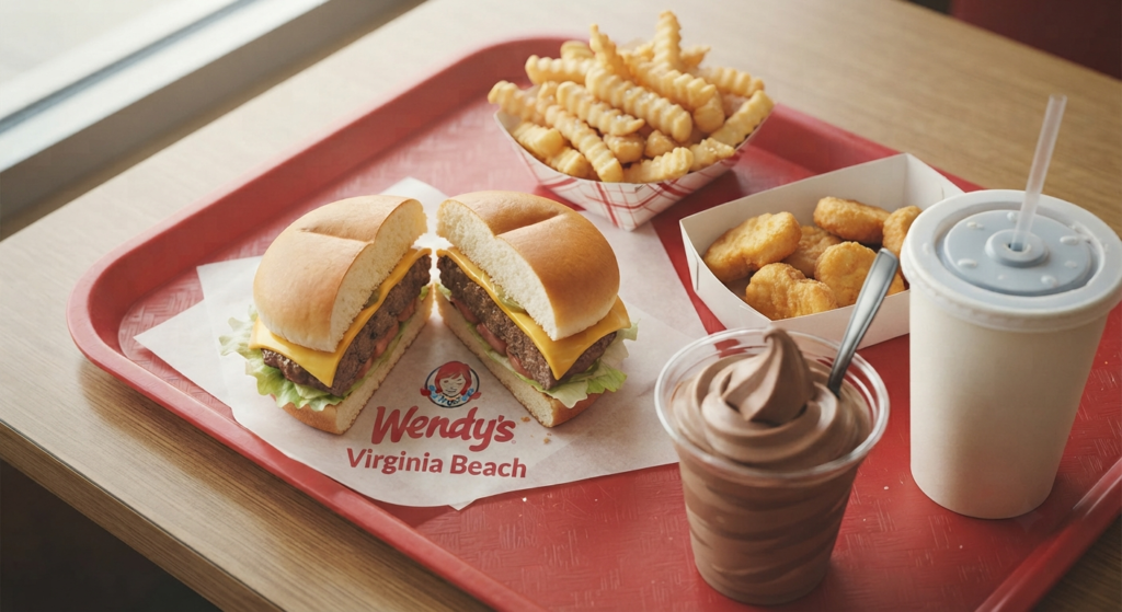 Fast-food value meal tray with a burger, fries, nuggets, and a chocolate Frosty dessert