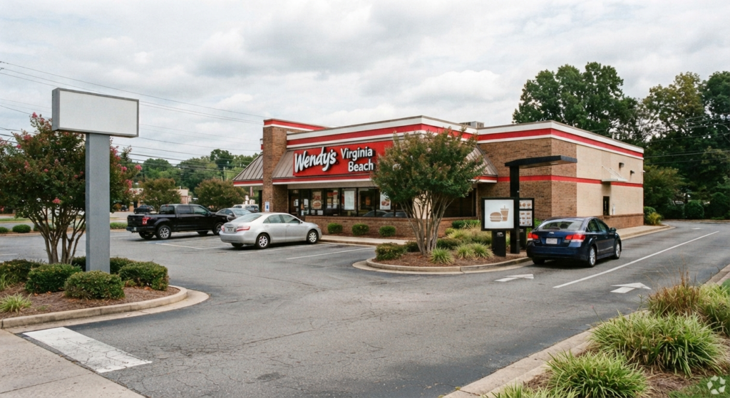 Suburban Wendy's restaurant with drive-thru lane along Virginia Beach Boulevard