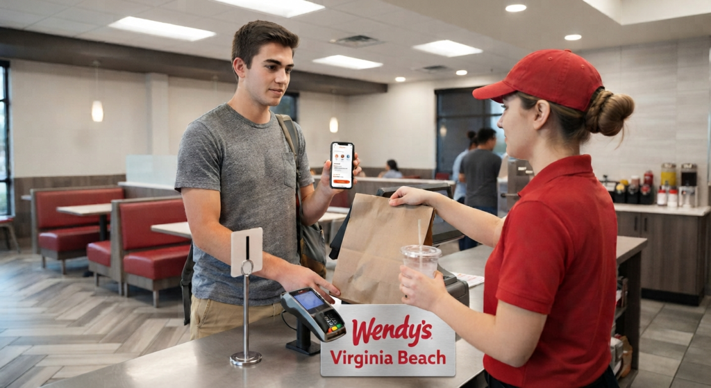 Customer collecting a mobile app order at a fast-food restaurant pickup counter