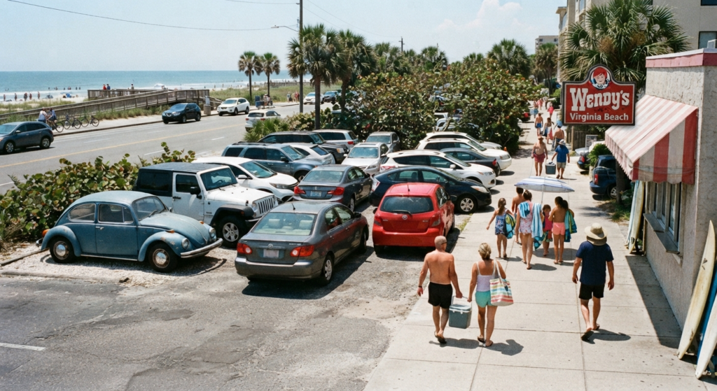 Busy pedestrian sidewalk and limited parking near a beach resort fast-food location in summer