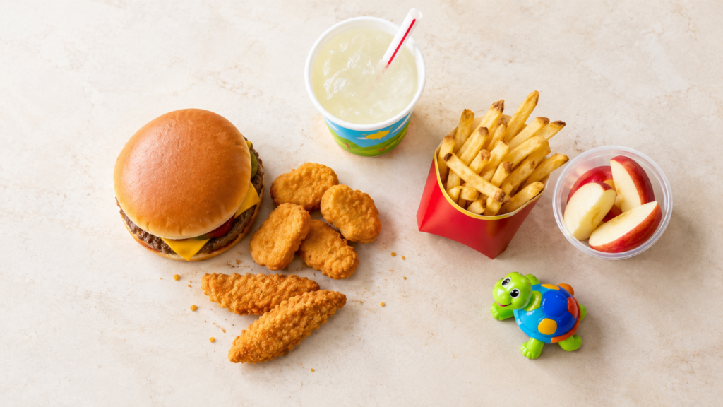 Wendy's Kids' Meal components including entrée fries apple bites drink and toy
