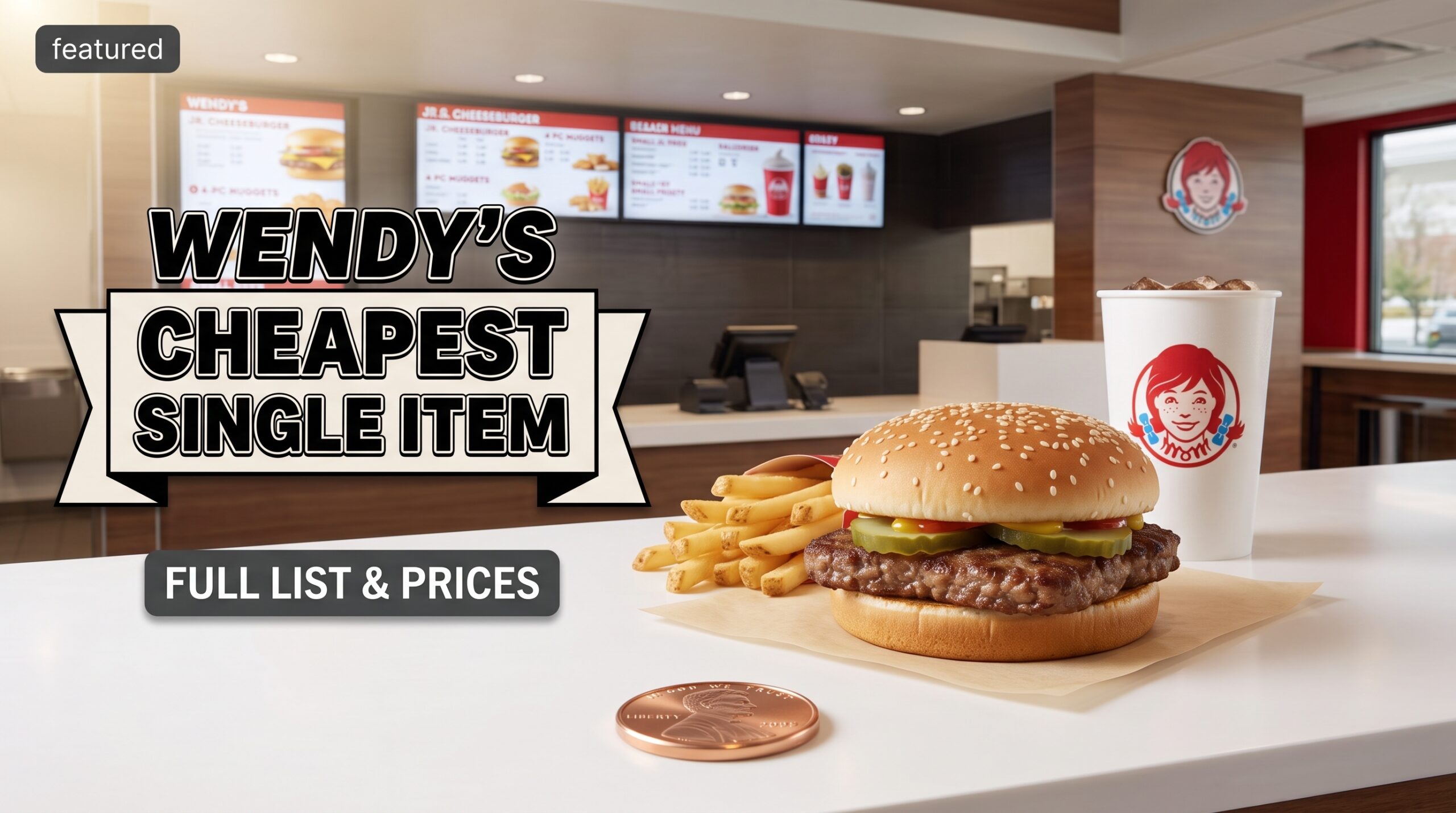 Trays of Wendy's value menu items including a Jr. Cheeseburger, 4-piece nuggets, small fries, value drink, small chili, and small Frosty displayed on a restaurant counter.