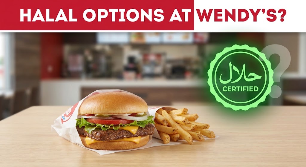 A graphic comparison showing standard Wendy's menu items like a burger and fries contrasted with a glowing green 'Halal Certified' stamp and a large question mark.