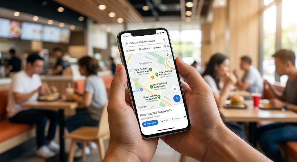 A close-up of hands holding a smartphone displaying a mapping application. The screen is actively highlighting multiple nearby green icons representing dedicated 'Halal Certified Restaurants' near a location.