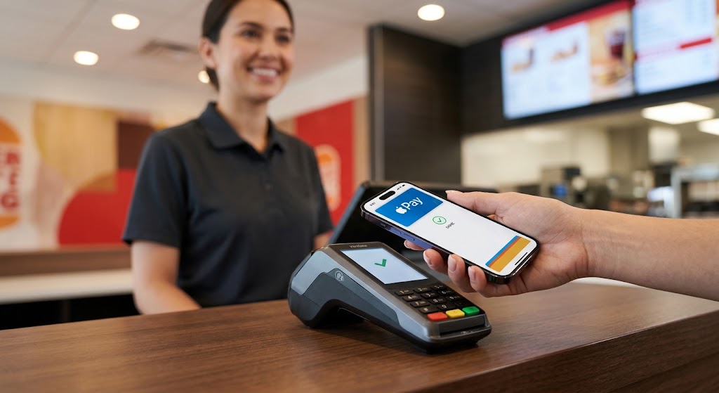 A close-up, premium photorealistic commercial photograph focusing on a customer successfully using an iPhone 14 Pro with Apple Pay at a modern contactless payment terminal on a Wendy's counter. A smiling, unbranded employee is visible in the background.