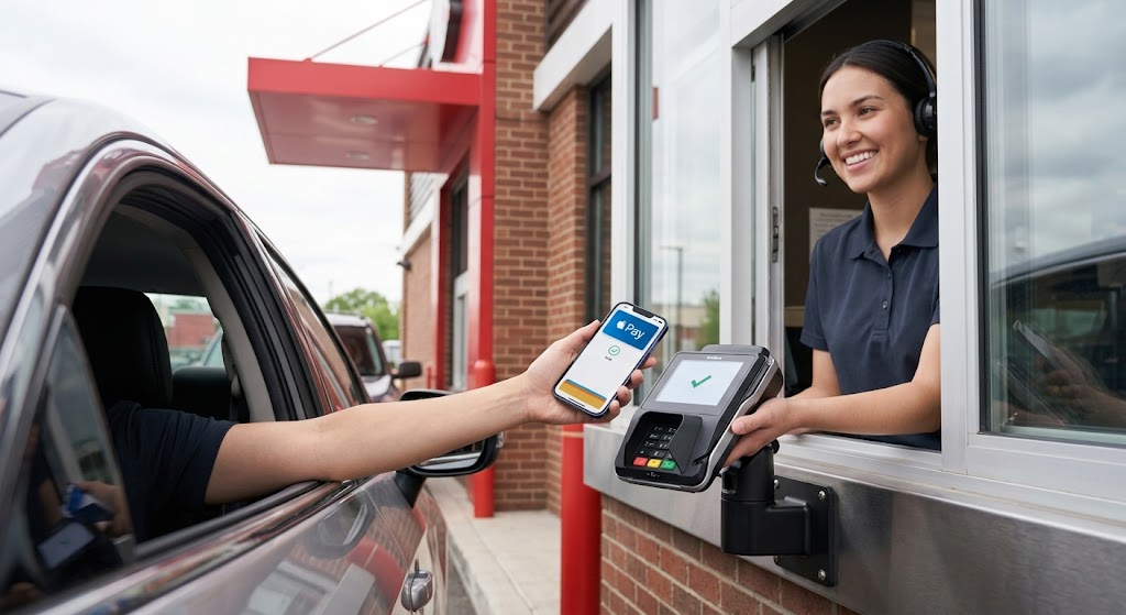 A premium photorealistic photograph taken from inside a car looking out at a modern Wendy's drive-thru window. A customer is reaching out with an iPhone 13, tapping it against an outdoor, robust contactless payment terminal.