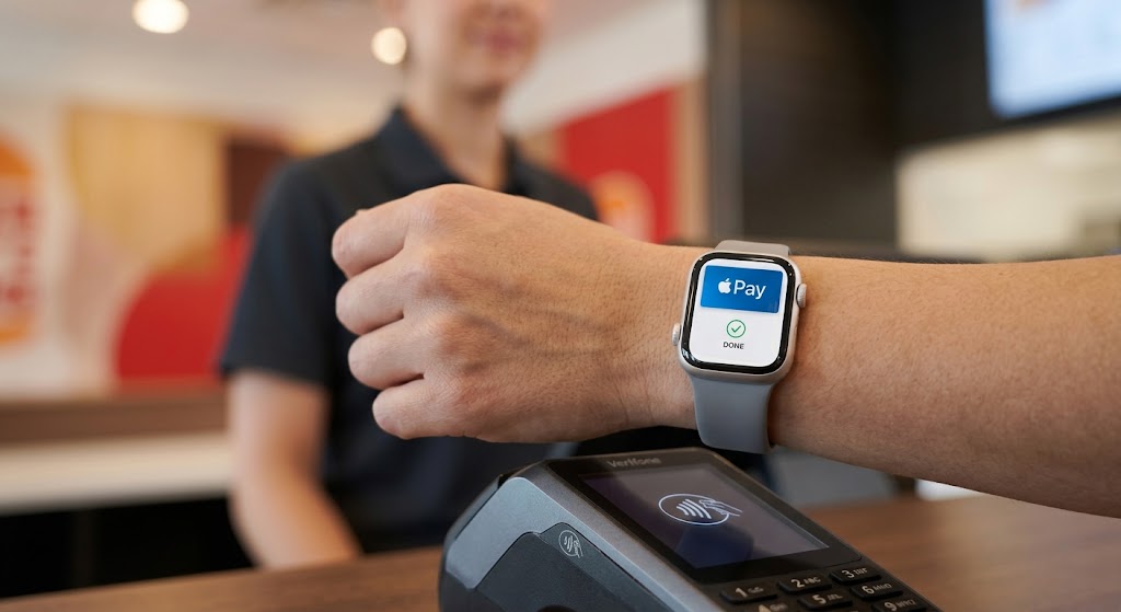 A photorealistic close-up photograph focusing on a customer's hand, wearing an Apple Watch Series 8, making a successful payment using Apple Pay at a contactless terminal. The watch face shows 'DONE' with a checkmark.