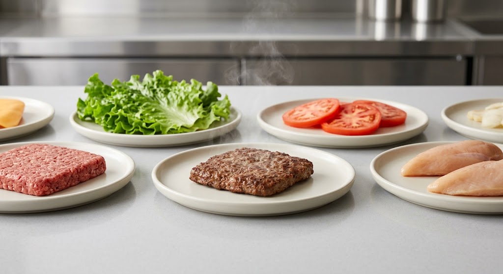 A high-angle, clean photograph of standard Wendy's menu ingredients separated neatly, including the distinct square beef patties, lettuce, tomatoes, and chicken. It emphasizes common fast-food preparation.
