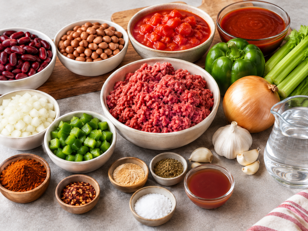 Illustrative chili ingredients including ground beef, kidney beans, pinto beans, tomatoes, onions, green peppers and spices.