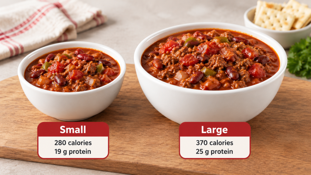 Illustration comparing small and large bowls of chili, with 280 versus 370 calories and 19 versus 25 grams of protein.
