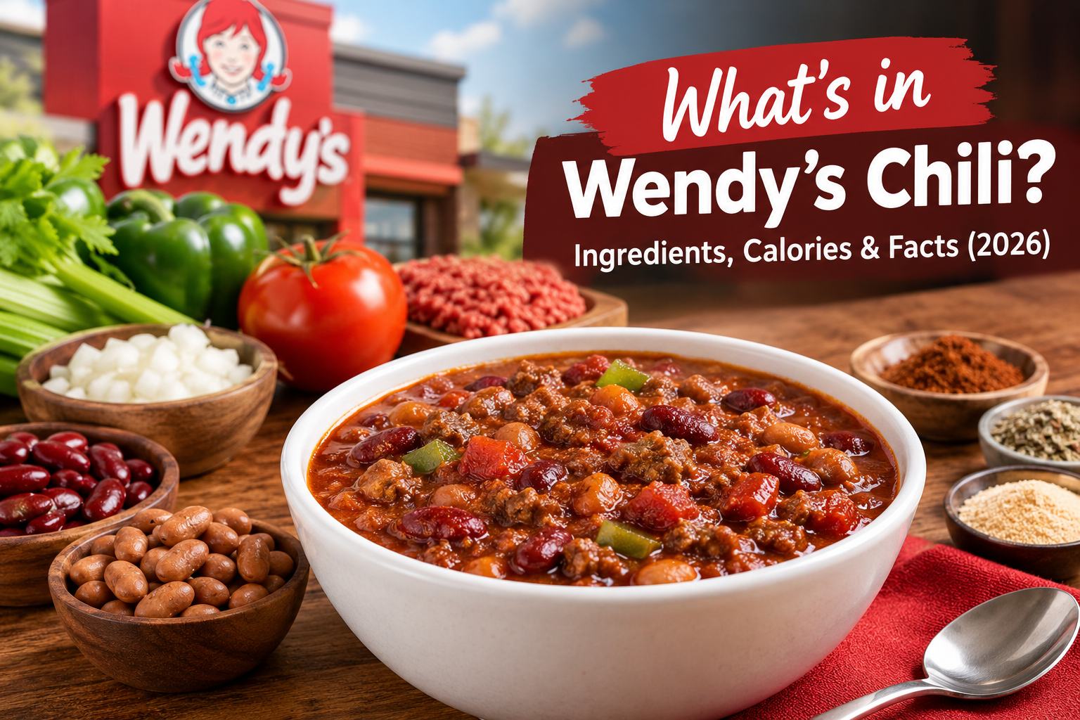 Illustrative bowl of beef chili with beans, tomatoes and vegetables for a guide to Wendy’s chili ingredients and calories.